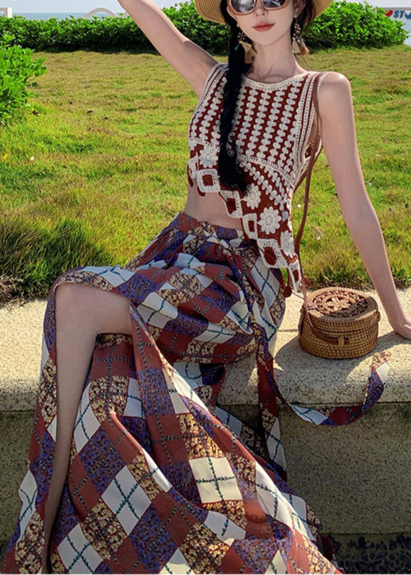 Brown Print Side Open Chiffon Wide Leg Pants Summer