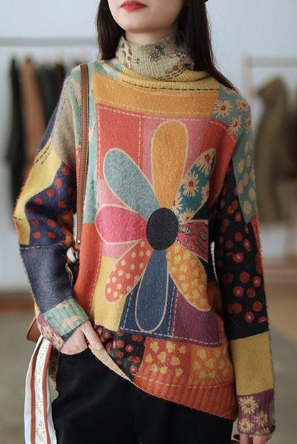 Color Contrast Flower Turtleneck Sweater