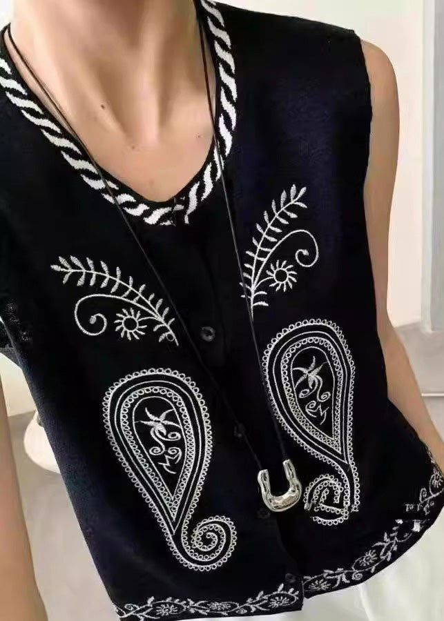 Black Embroideried Knit Vest Tops Sleeveless