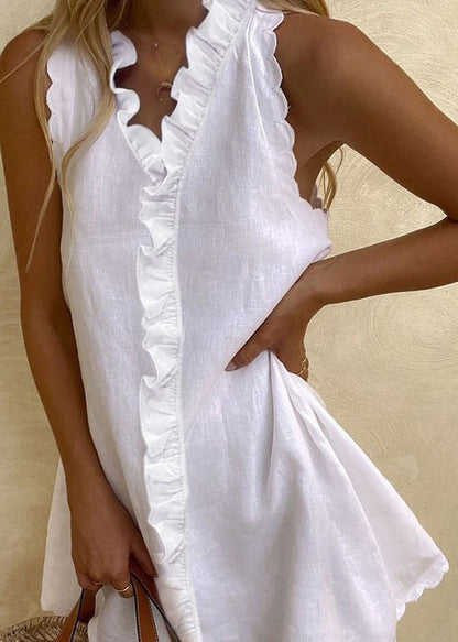 White Ruffled Cotton Mini Dresses Sleeveless