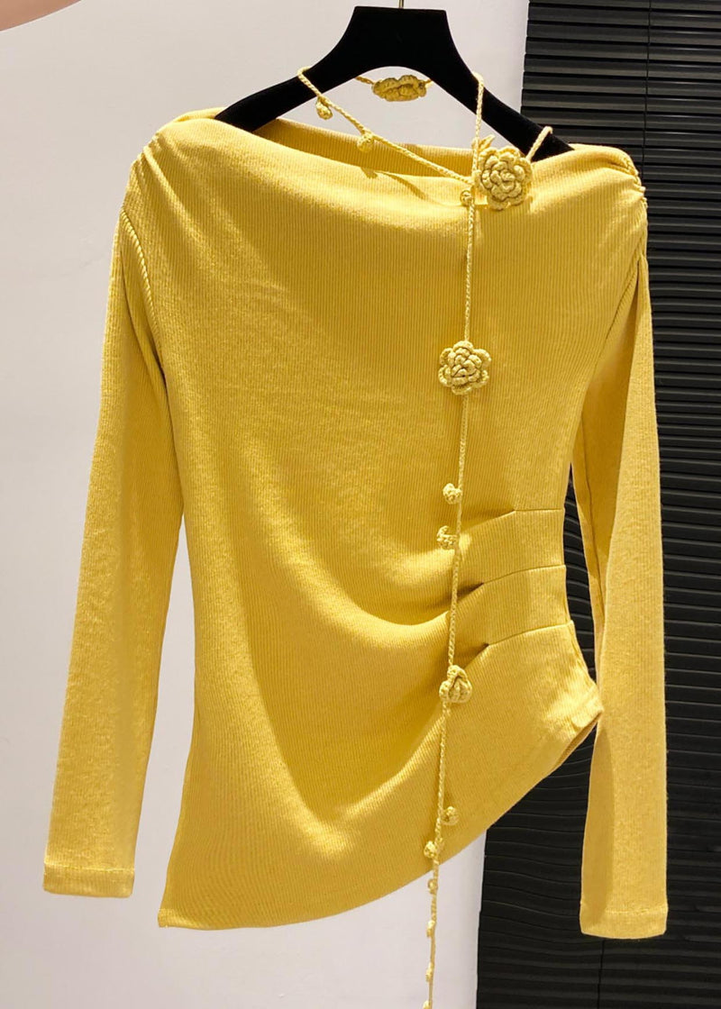 Handmade Yellow Asymmetrical Wrinkled Cotton Blouses Fall