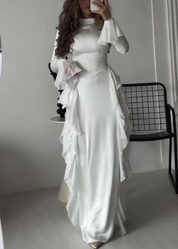 White Ruffled Patchwork Chiffon Ankle Dress Flare Sleeve