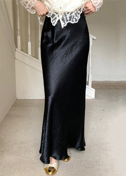 Boutique Black Side Open High Waist Silk Maxi Skirts Fall