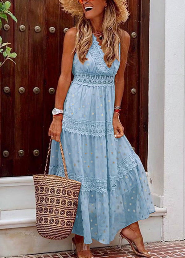 New Apricot V Neck Lace Patchwork Chiffon Long Dress Sleeveless