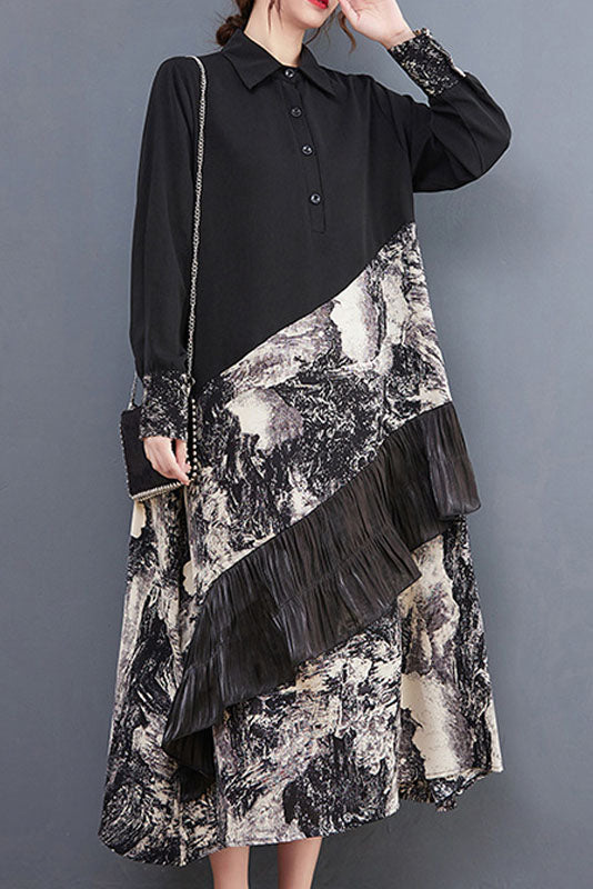 Spring Stitching Print Ruffled Long Dress