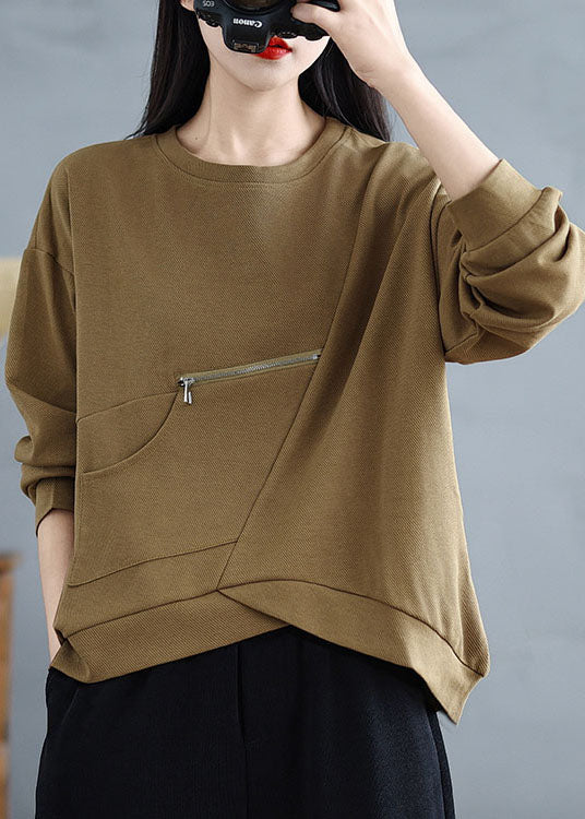 Khaki Zip Up Pockets Patchwork Cotton Top Spring