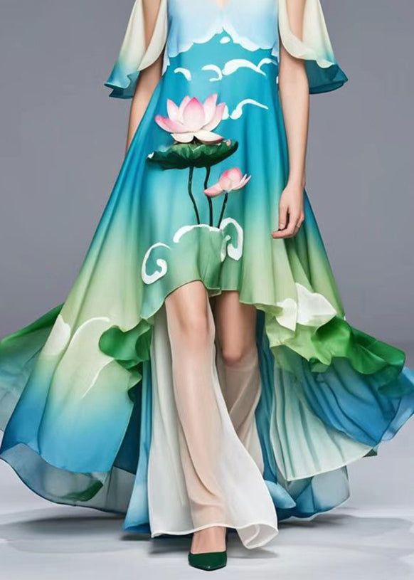 Cold Shoulder Lotus Print Chiffon Long Dress Summer