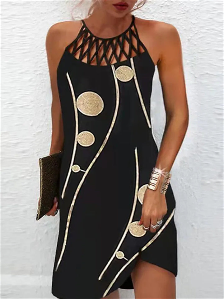 A Line Dress Knee Length Dress Leopard Black Blue Wine Dark Blue Sleeveless Print Print Summer Halter Neck