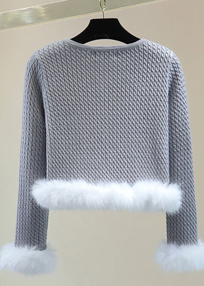 Stylish Grey O-neck Fuzzy Fur Fluffy Cotton Knit Sweater Winter