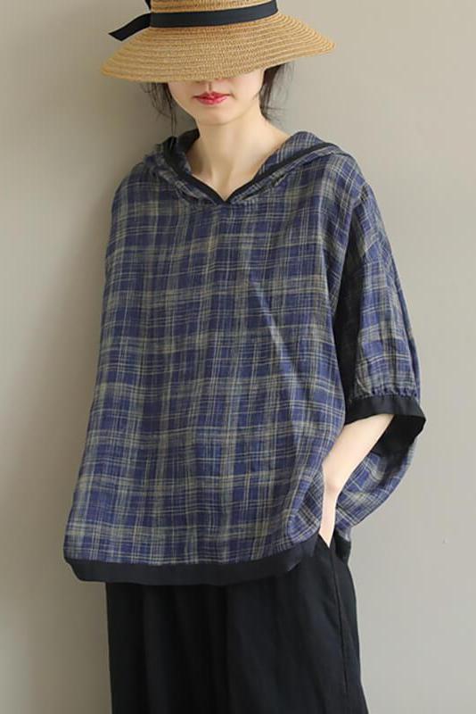 Cotton Plaid Hooded Color Patchwork T-shirt
