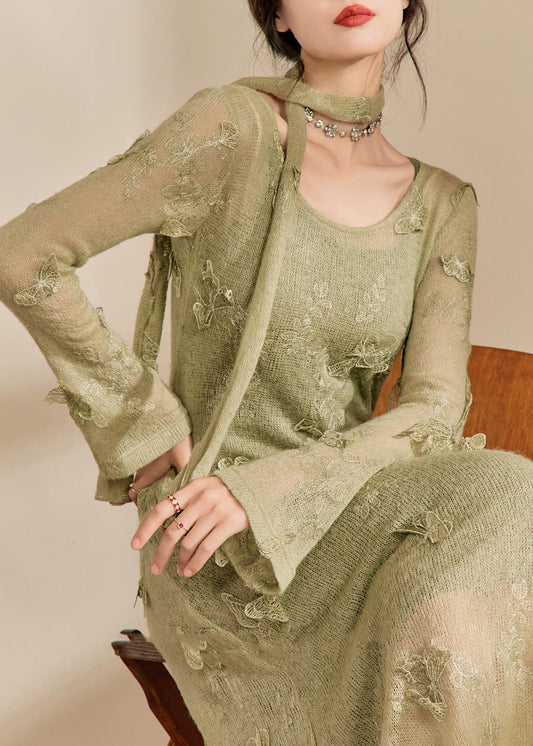Stylish Light Green O-neck Butterfly Knit Long Dress Fall