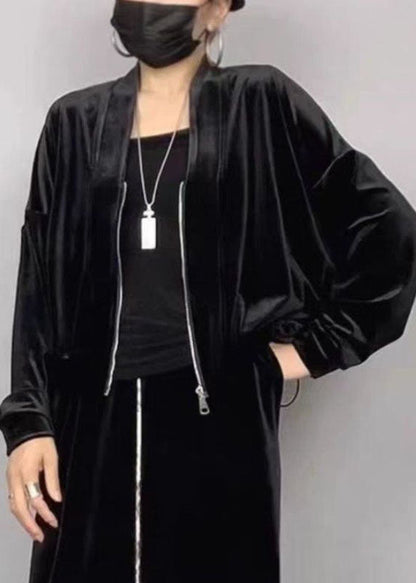 New Black V Neck Zippered Silk Velvet Coat Batwing Sleeve
