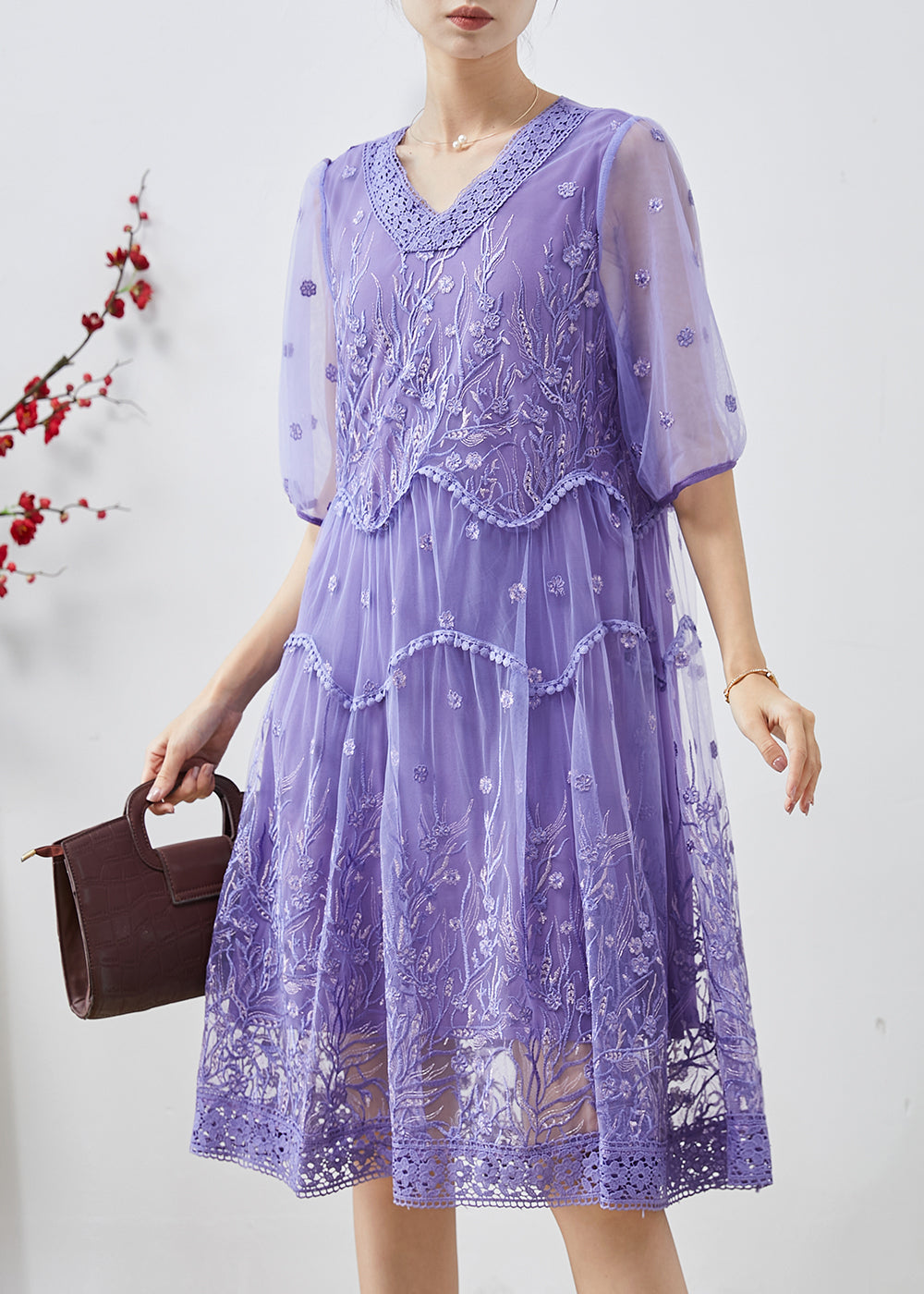 Purple Embroidered Tulle Party Dress Summer
