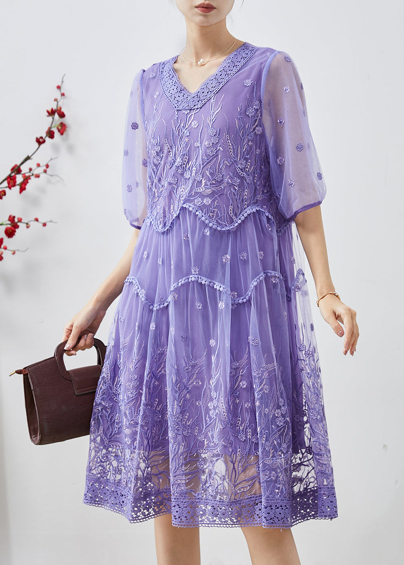 Purple Embroidered Tulle Party Dress Summer