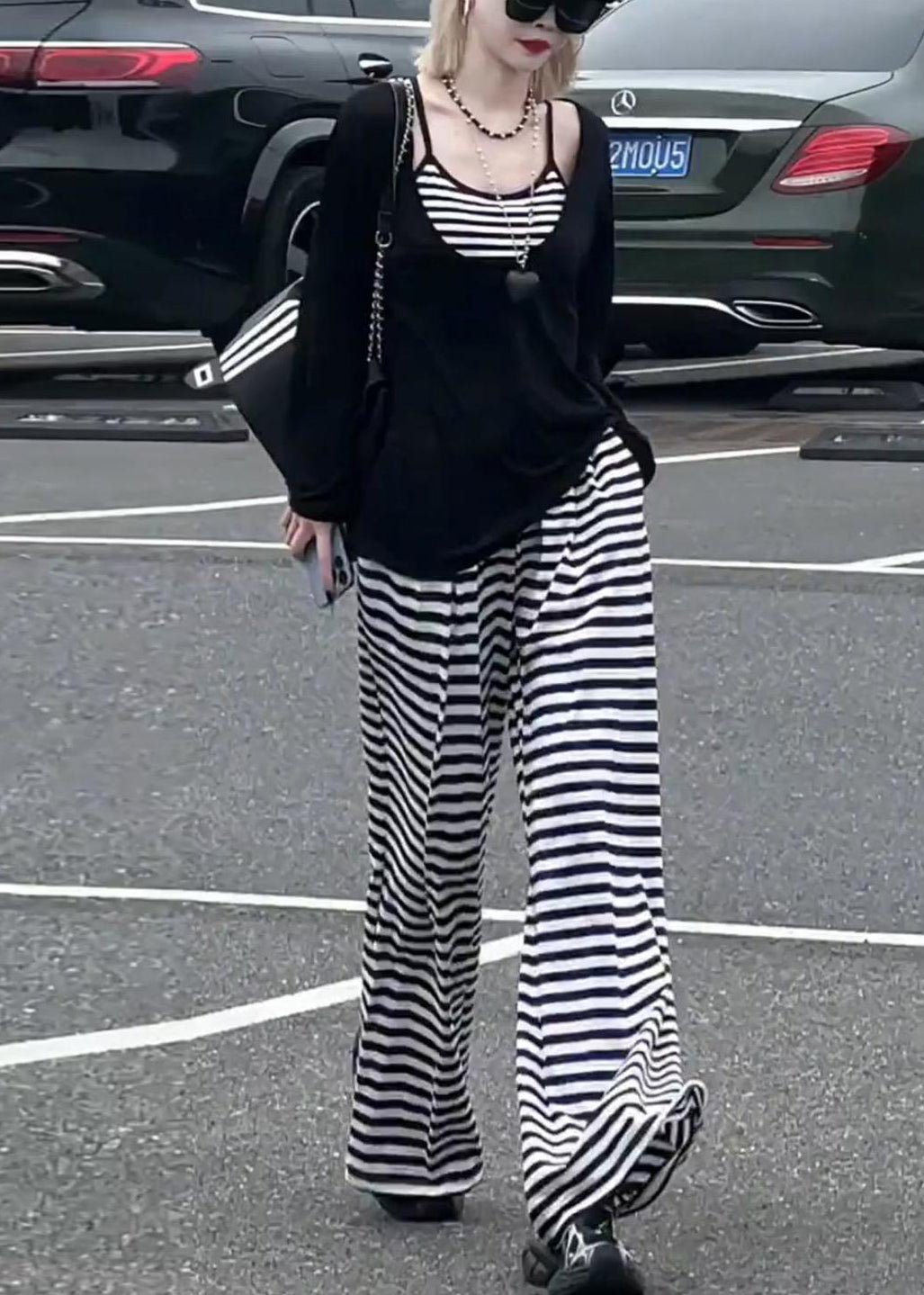 Striped Black Tops and Wide Leg Pants Cotton Three-piece Set Fall