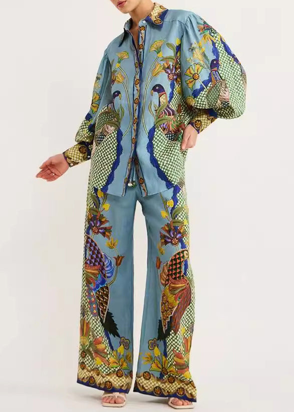 Green Peter Pan Collar Print Shirts and Wide Leg Pants Two Pieces Set Fall