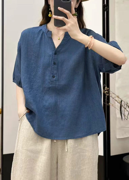 Fine Blue V Neck Button Linen Top Summer