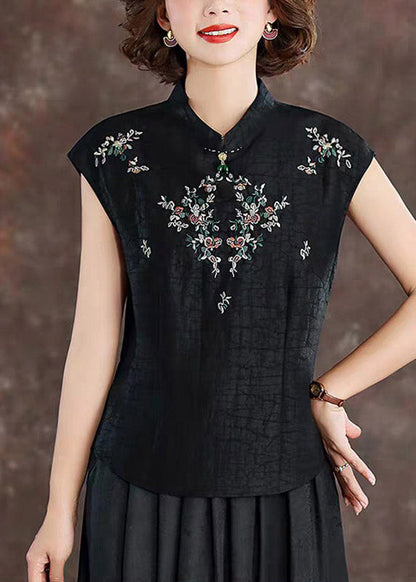 Retro Black Stand Collar Embroidered Silk T Shirt Summer