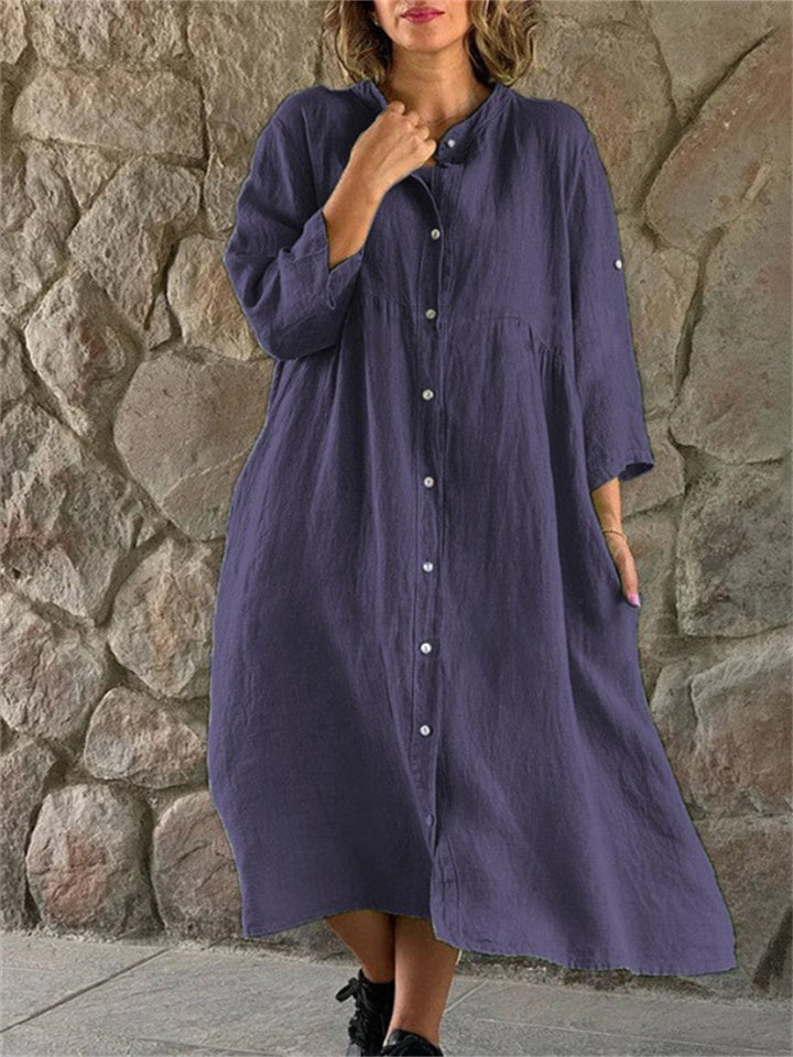 New Seven-quarter Sleeve Cotton and Linen Color Collar Buttons Long Dresses