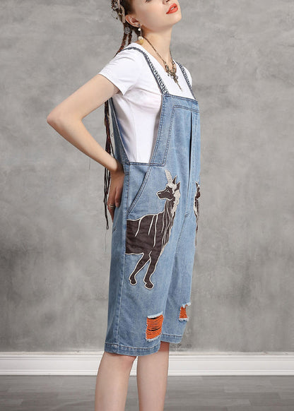 Vogue Light Blue Slash Neck Print Patchwork Denim Jumpsuits Summer