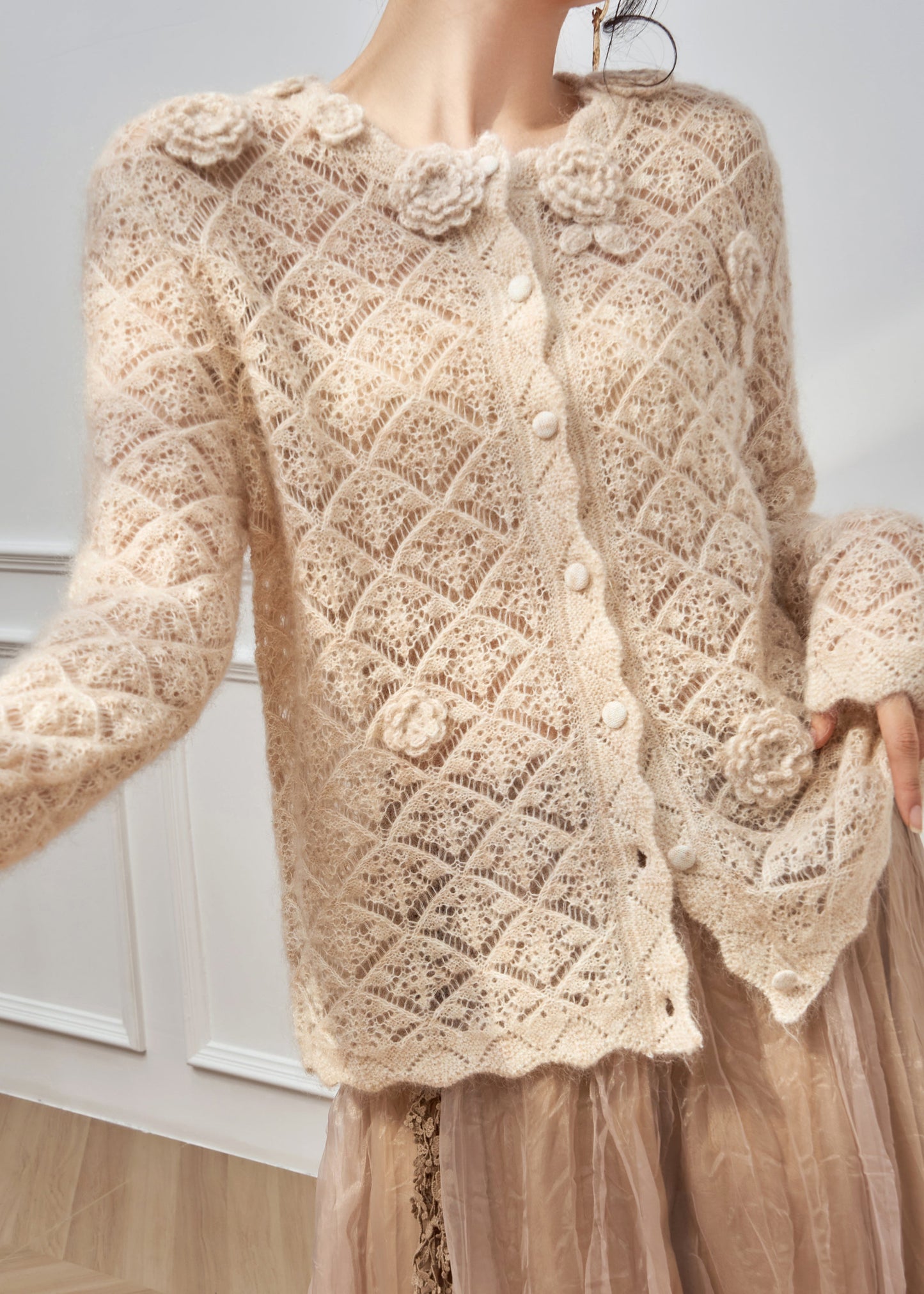 Art Apricot Hollow Out Button Knit Sweater Spring