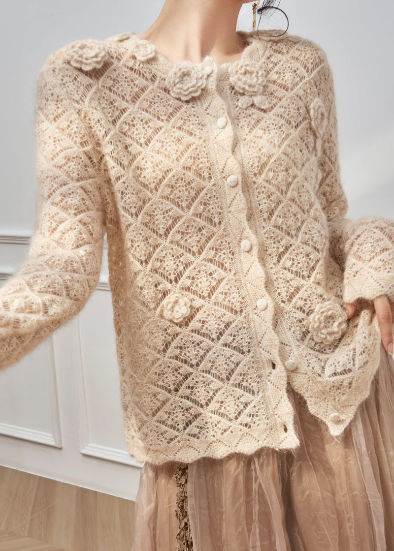 Art Apricot Hollow Out Button Knit Sweater Spring