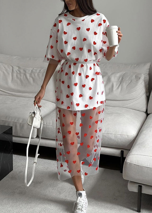 Pink O Neck Heart Patchwork Tulle T Shirt Dress Summer