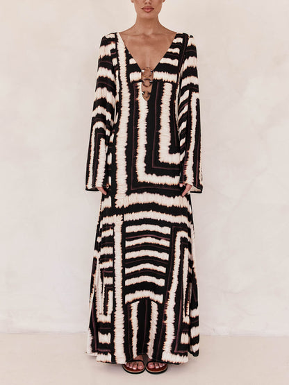 V-neckline Unique Printed V Tie Ring Maxi Dress