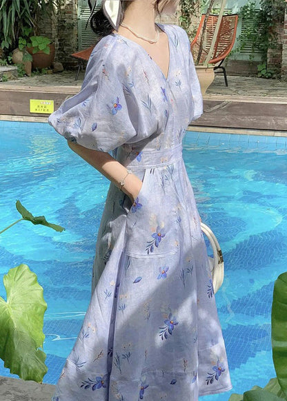 Blue V Neck Print Cotton Long Dress Summer