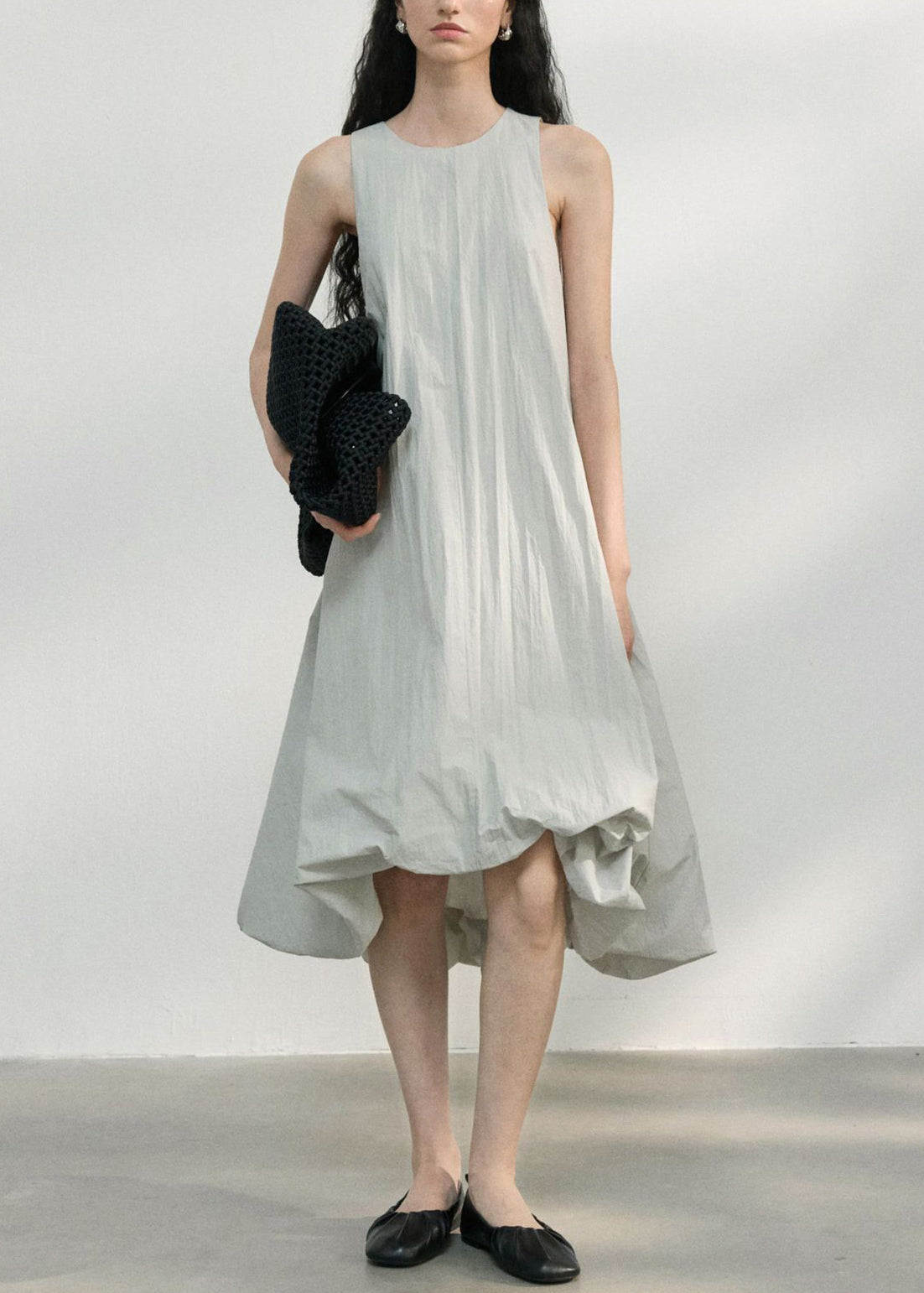 Italian Light Grey O Neck Asymmetrical Design Cotton Dress Sleeveless