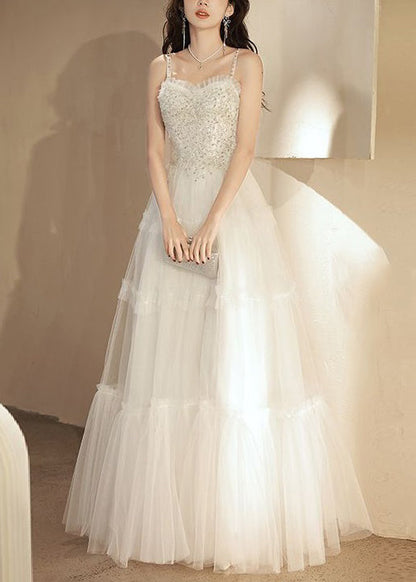 White Ruffled Sequins Tulle Spaghetti Strap Dress Sleeveless