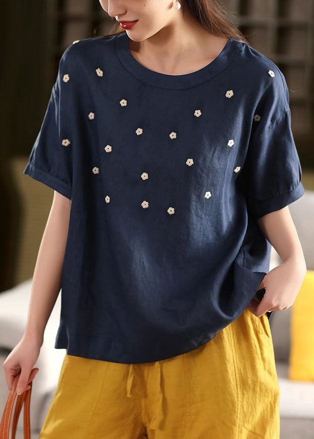 White O-neck Embroideried Linen Tops Summer