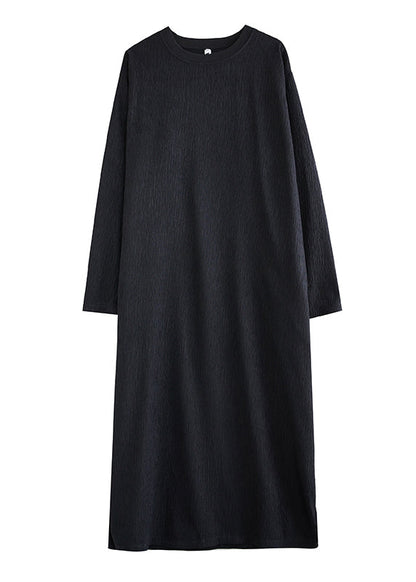 Simple Black O Neck Cotton Long Dress Fall