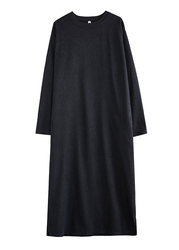 Simple Black O Neck Cotton Long Dress Fall
