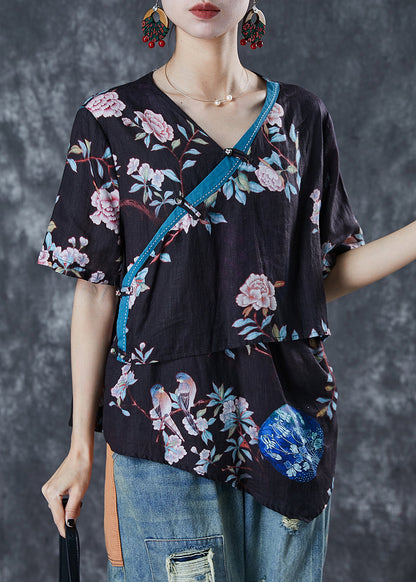 Fine Black Asymmetrical Print Linen Top Summer