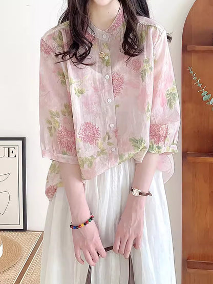 Summer Flower Ramie Button-up Shirt