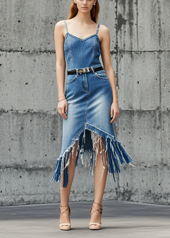 Blue Asymmetrical Tasseled Denim Skirts Summer