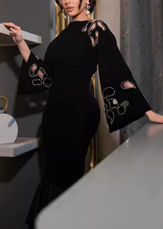 Black Hollow Out Lace Up Patchwork Cotton Dress Fall