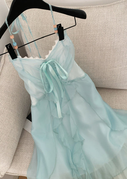 Blue V Neck Ruffled Lace Up Chiffon Long Dresses Sleeveless