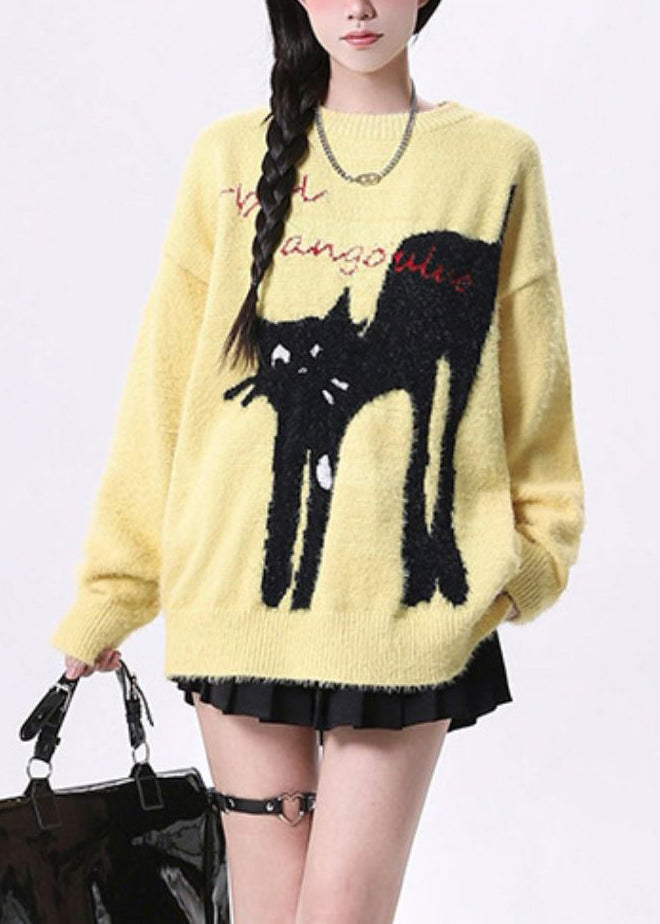 Yellow O Neck Cats Print Knit Sweaters Spring