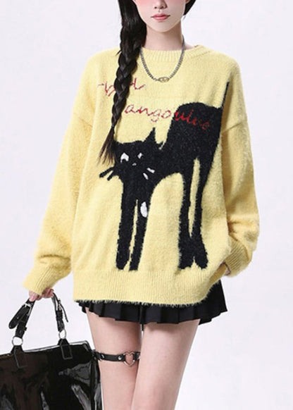 Yellow O Neck Cats Print Knit Sweaters Spring