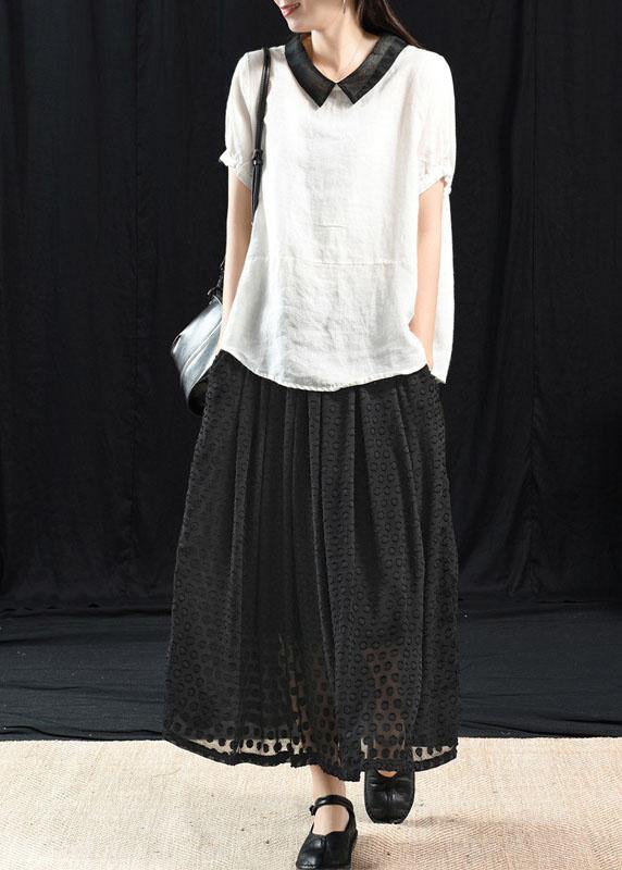 White Flower Patchwork Turn-down Collar Summer Short Sleeve Top