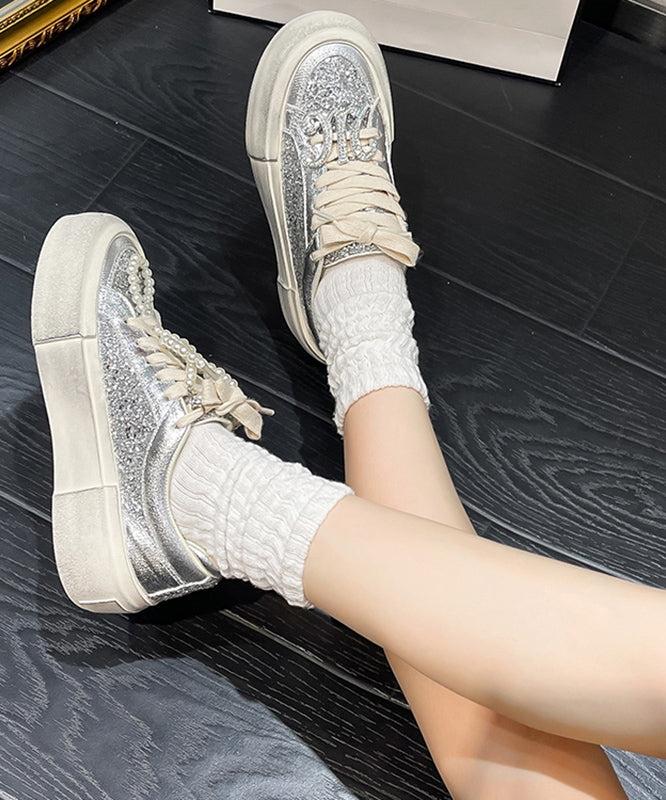 Silk Platform Cowhide Leather Splicing Lace Up Sequins Flat Shoes for