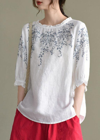 Handmade Navy Lantern Sleeve O-neck Embroidered Summer Ramie Blouses