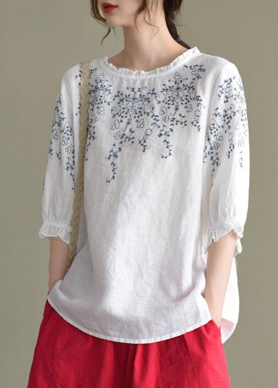 Handmade Navy Lantern Sleeve O-neck Embroidered Summer Ramie Blouses