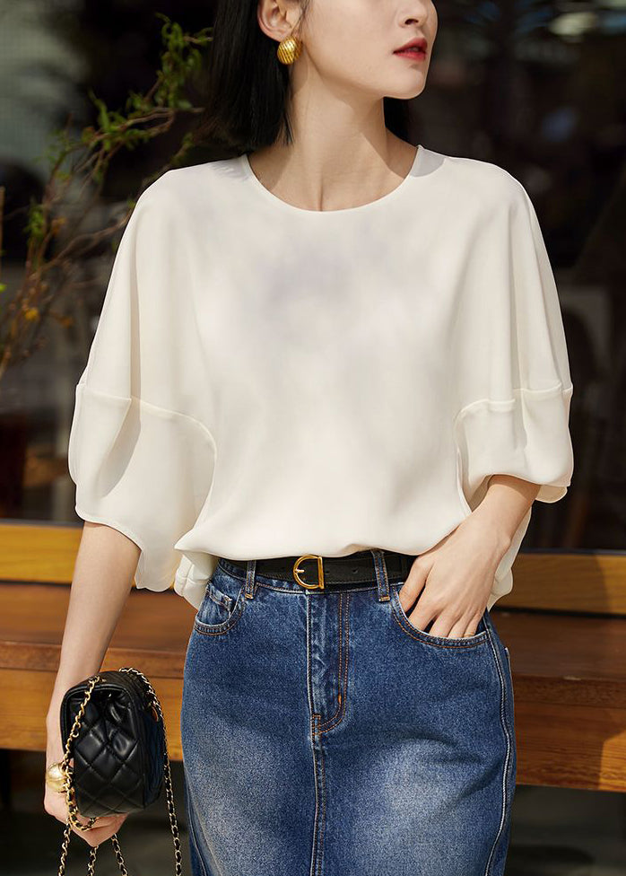 Loose White O Neck Zippered Silk T Shirts Batwing Sleeve