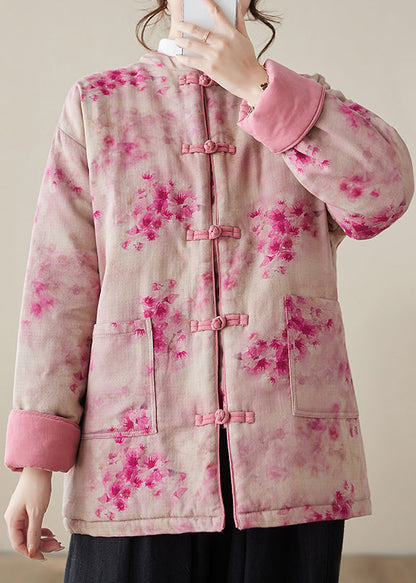Pink Print Button Pockets Cotton Filled Parkas Winter