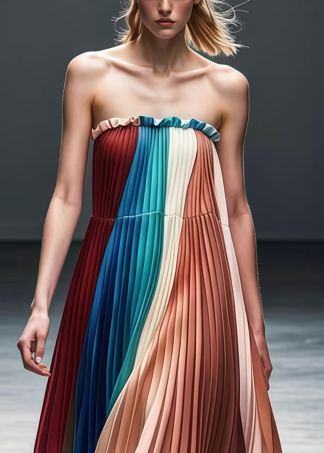 Colorblock Ruffled Chiffon Strapless Pleated Dress Summer