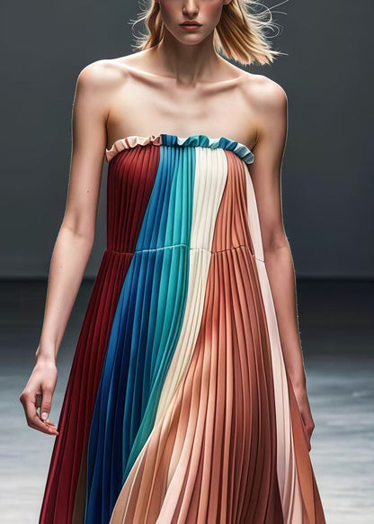 Colorblock Ruffled Chiffon Strapless Pleated Dress Summer