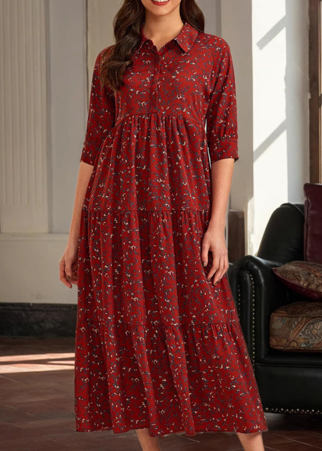 Red Peter Pan Collar Print Cotton Long Dress Half Sleeve